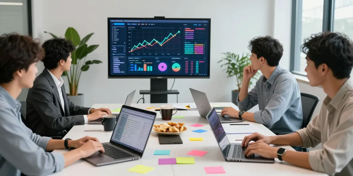 Marketing professionals collaborating with AI marketing tools in a vibrant office environment.