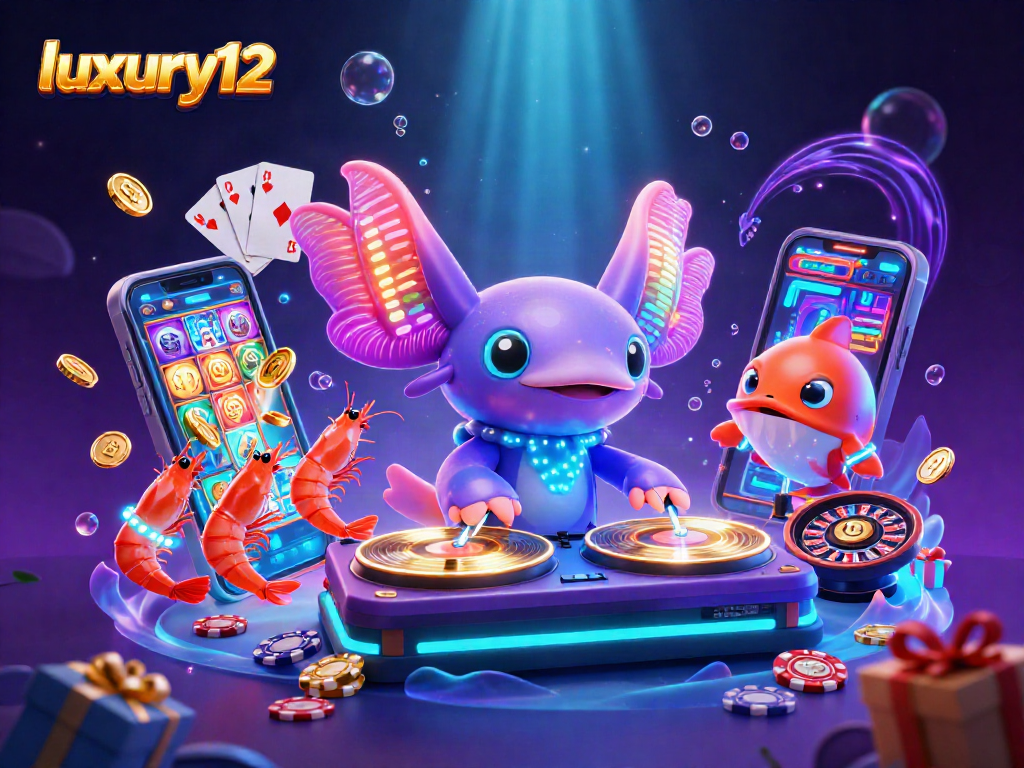 Experience luxury12 with a vibrant 3D casino scene, featuring a DJ axolotl and exciting game elements.