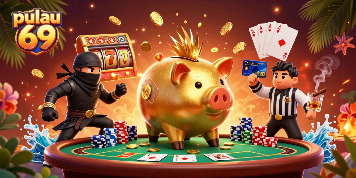 Pulau 69 brings thrilling slot excitement with a golden piggy bank sumo wrestler amidst vibrant casino elements.
