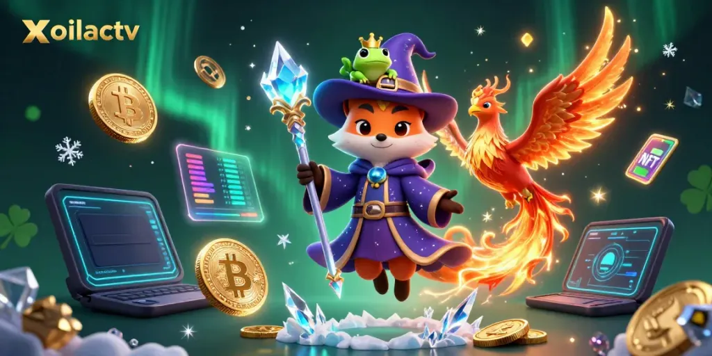 Xoilactv presents a vibrant 3D illustration of a wizard fox and phoenix engaging in crypto-inspired action.