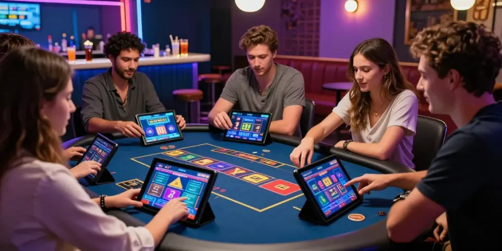 Group enjoying the 2up gaming experience at a vibrant online casino.