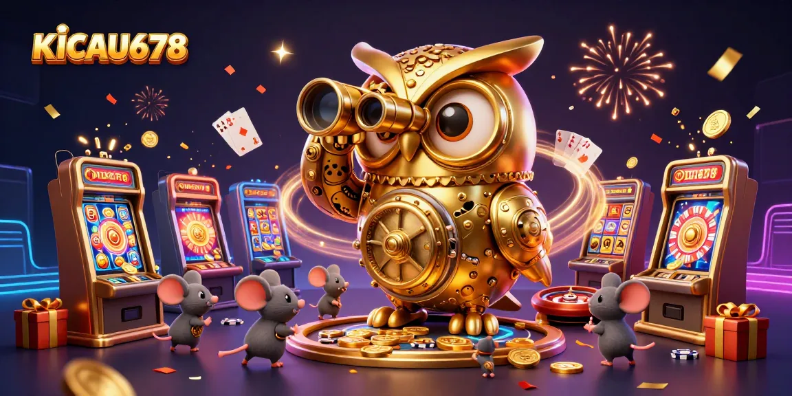 KICAU678 showcases an energetic casino scene with a golden owl and playful mice, capturing the thrill of gambling.