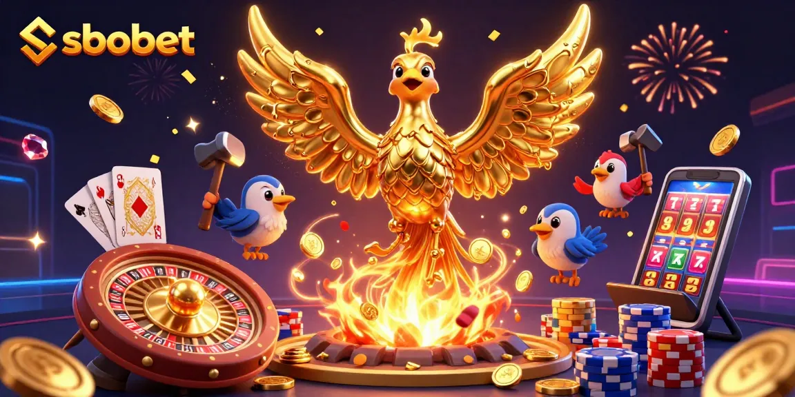 Engage in sbobet sports betting with a vibrant 3D illustration featuring a golden phoenix and casino elements.