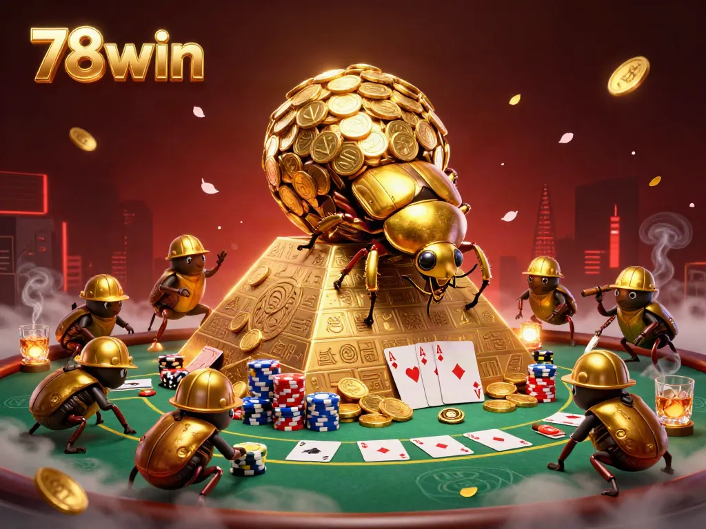 Engage with 78win through vibrant casino adventures featuring golden beetles, poker chips, and mystical elements.