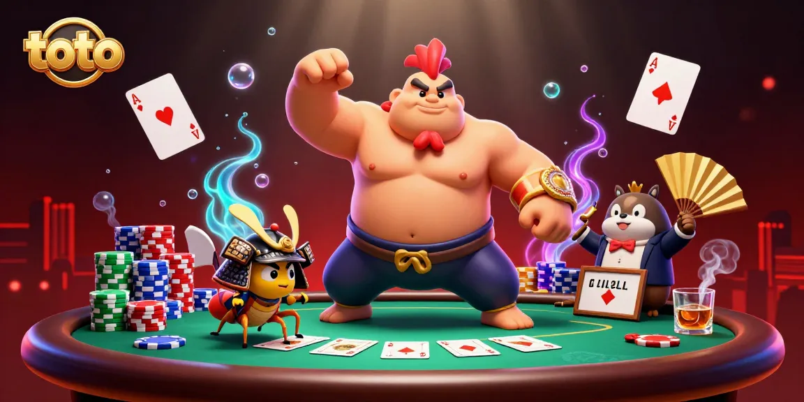 Experience thrilling poker battles with toto in a dynamic casino scene featuring colorful characters.