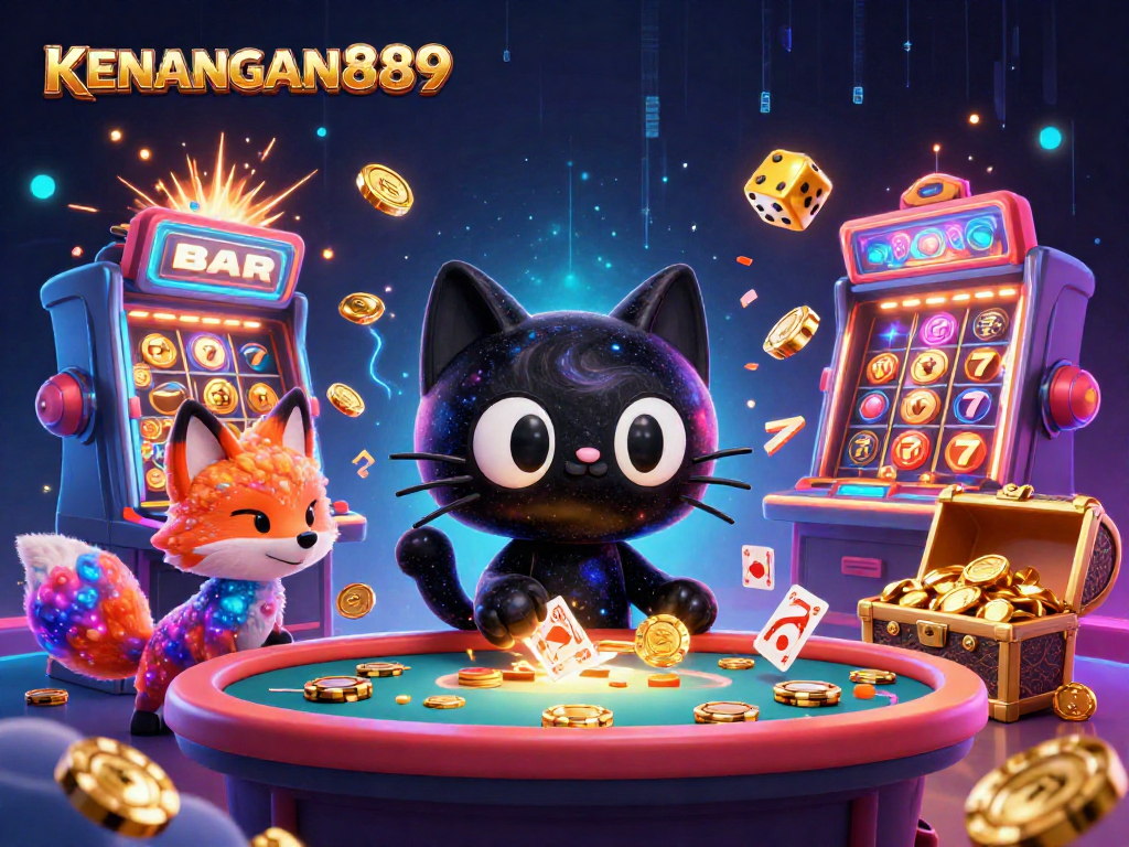 KENANGAN889 attracts players with a vibrant 3D illustration of a cosmic casino experience.