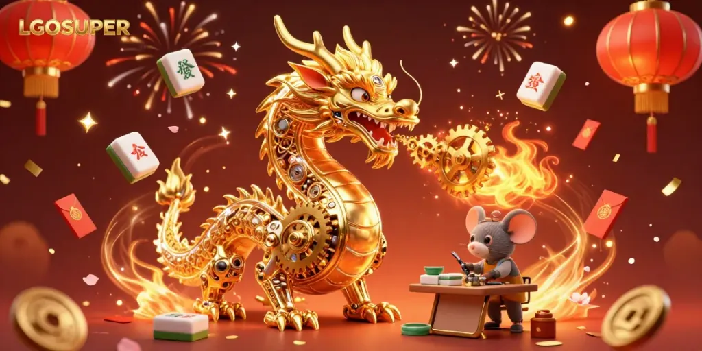 Engage in thrilling games with LGOSUPER as a golden dragon breathes gears and cogs amid festive elements.