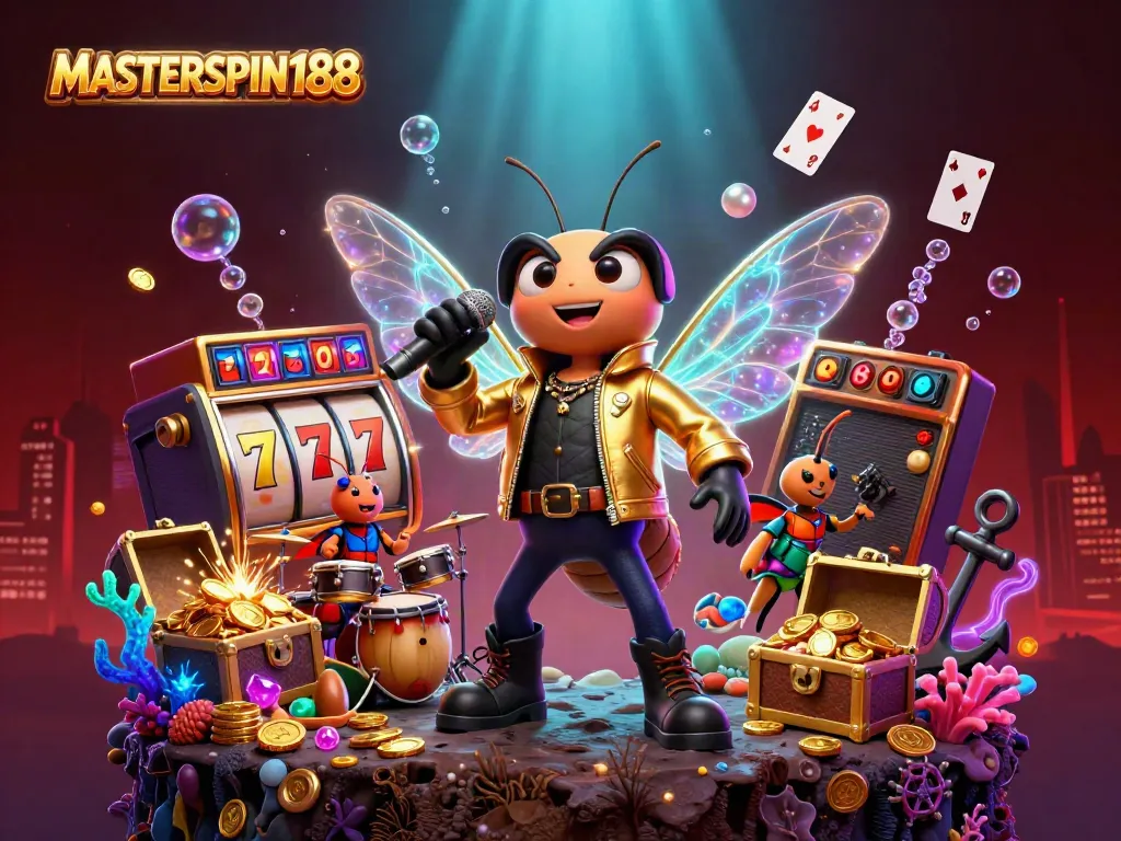 Engage with exciting wins in MASTERSPIN188's vibrant gaming scene featuring animated characters and slot elements.