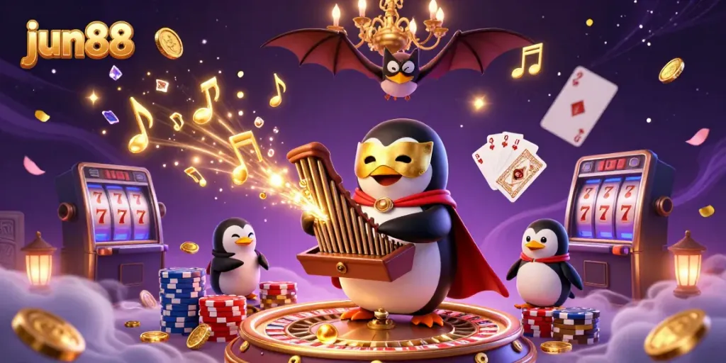 Experience thrilling gameplay at jun88 with a vibrant scene depicting a phantom penguin and a dynamic casino atmosphere.