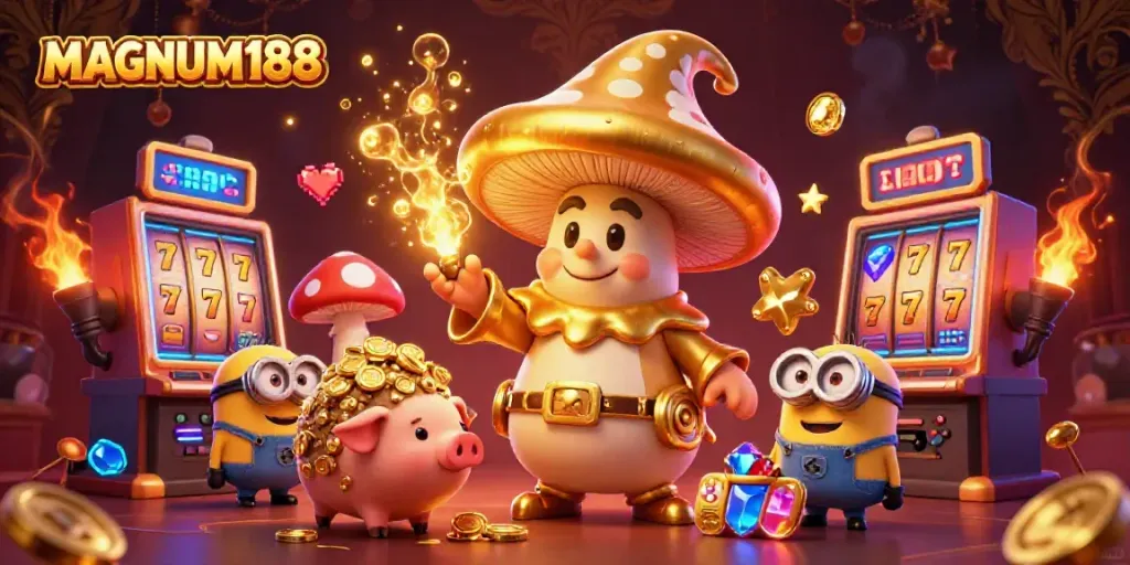 Experience MAGNUM188's magical gaming world with a golden mushroom wizard and bustling slot machines.
