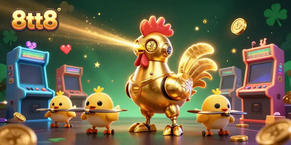 Experience high-stakes fun with the 8tt8 robot and baby chick drones amidst vibrant casino elements.