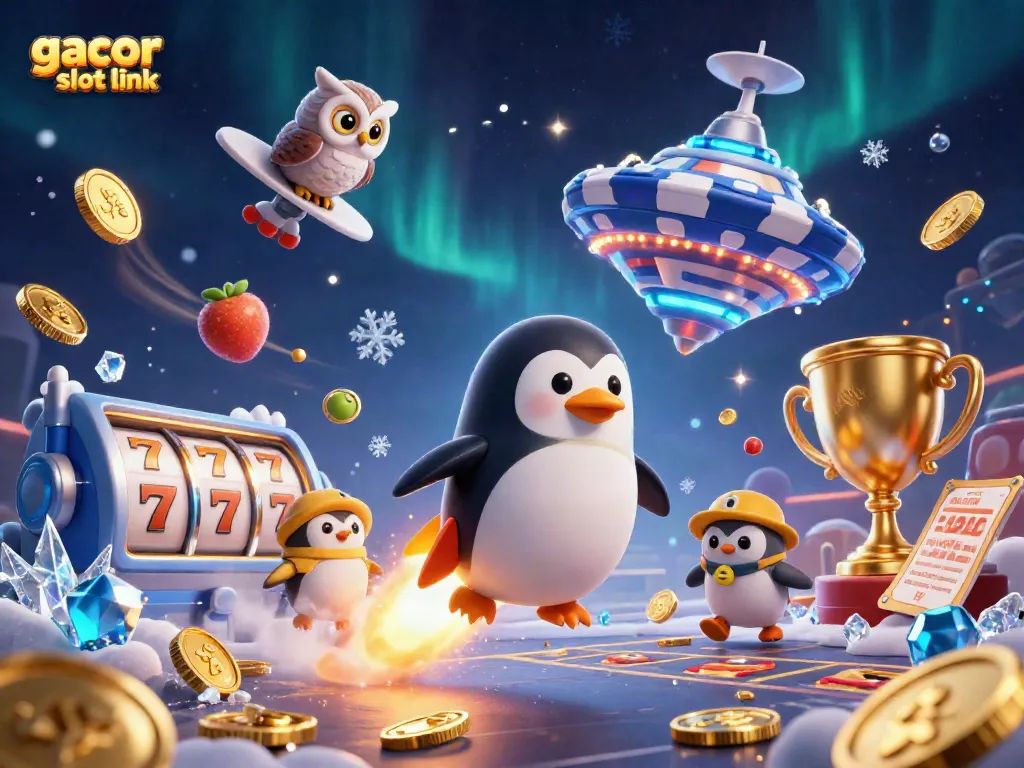 Experience the thrill of the gacor slot link with a winning penguin racing through a cosmic casino.