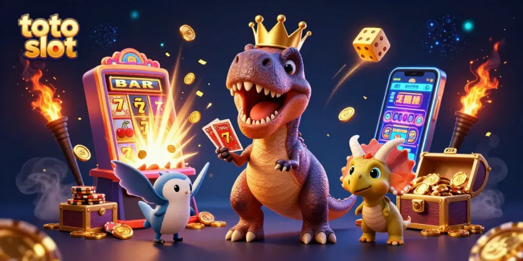 Engage in the thrilling toto slot experience with cartoon dinosaurs in a colorful casino setting.