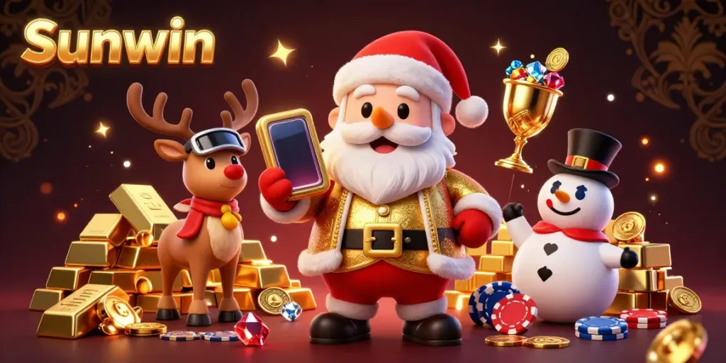 Experience the thrill of Sunwin with Santa, his reindeer, and a snowman in a vibrant casino setting.