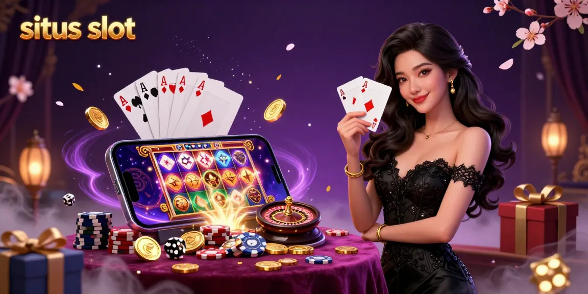 Situs slot promotion showcasing a glamorous Asian woman holding playing cards, surrounded by gaming elements.