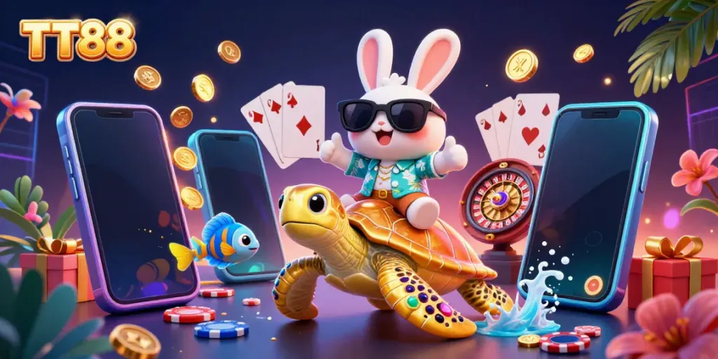 Engage with TT88's vibrant gaming scene featuring a lucky rabbit and golden turtle amid casino games.