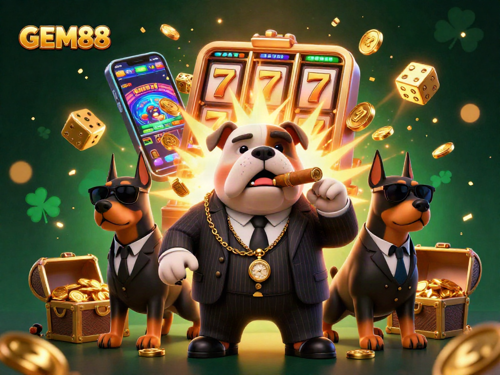 Winning at GEM88 with a mafia-themed slot machine and cartoon characters in action.