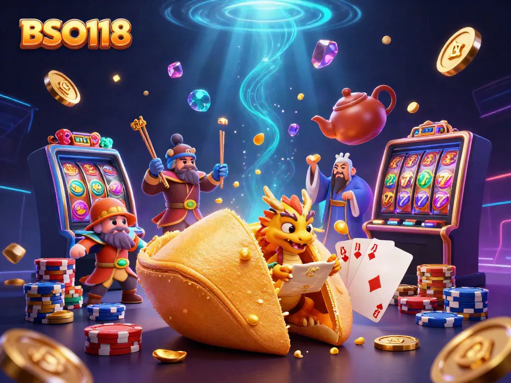 Engage with BSO118's vibrant online slots and casino experience, featuring dynamic 3D characters and gold elements.