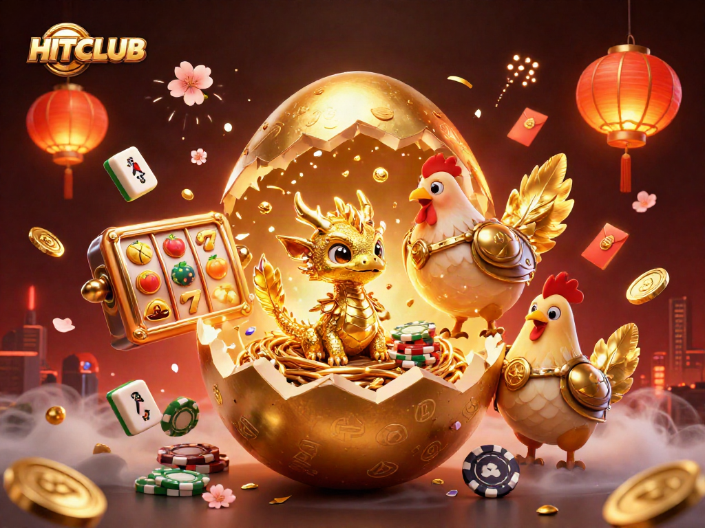 Win big at HITCLUB with vibrant slot reels, golden dragon, and festive casino elements.