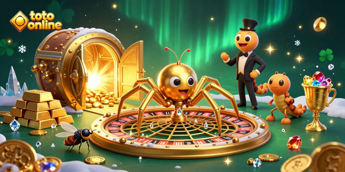 Menang besar di toto online dengan spider emas dan roda roulette, aksi seru dalam ilustrasi 3D.