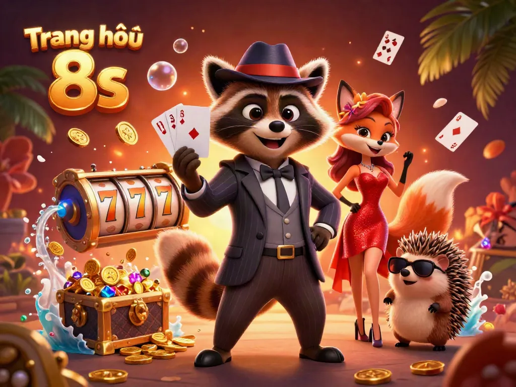 Experience the excitement of gaming at Trang chủ 8s with a dynamic illustration featuring a raccoon holding a royal flush.