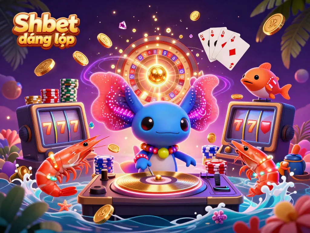 Experience the excitement with Shbet đăng nhập, featuring vibrant characters and casino elements in a dynamic scene.