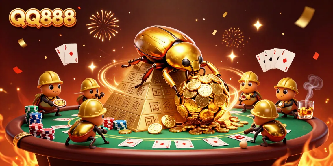 Experience the excitement with QQ888 and a dynamic casino scene filled with golden coins and poker elements.