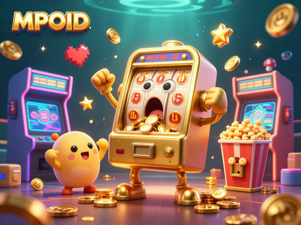 MPOID showcases a thrilling jackpot scene with golden slot machines celebrating wins and glowing arcade elements.