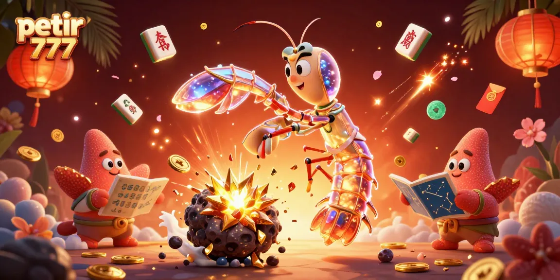 Experience the excitement of petir 777 with a galactic samurai shrimp surrounded by gems and coins in this vibrant illustration.