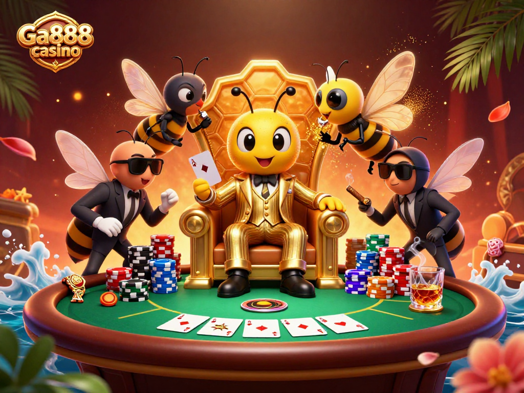 Experience Ga888 casino with a vibrant 3D illustration depicting a mob boss at a poker table surrounded by rich game elements.