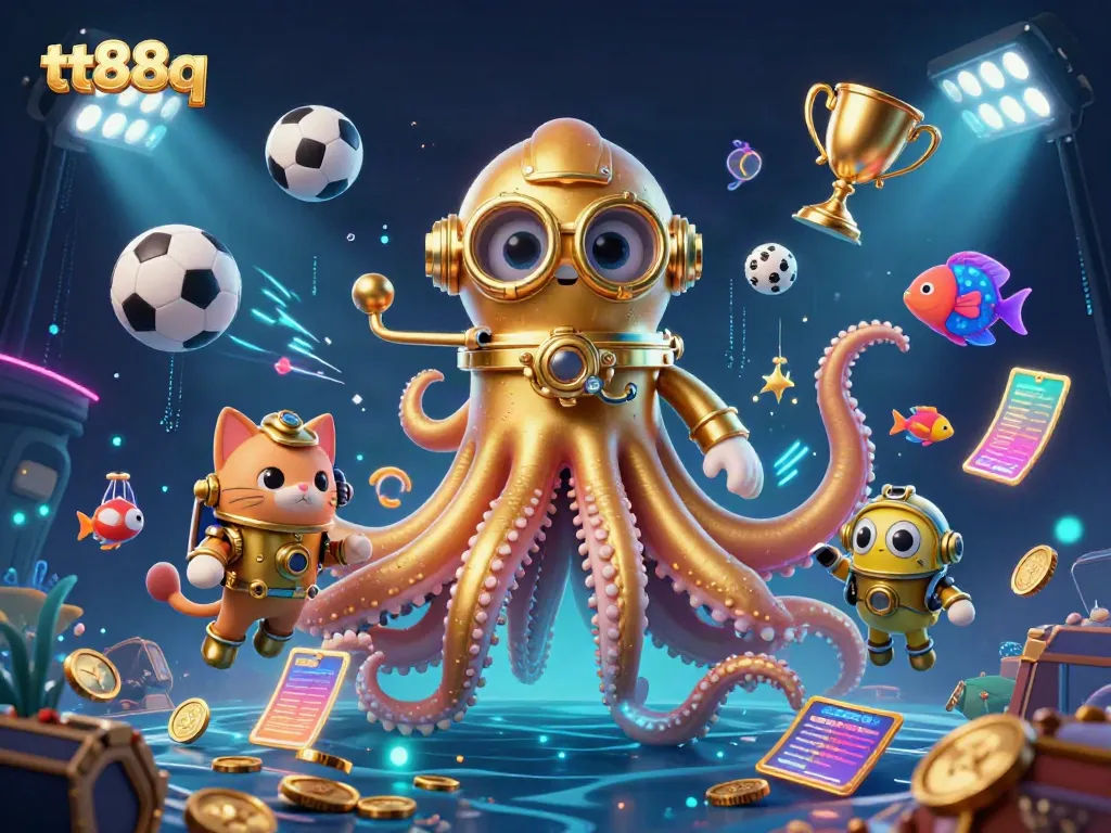 Engage with thrilling games at tt88q featuring a kraken and diving cat in a rich casino environment.