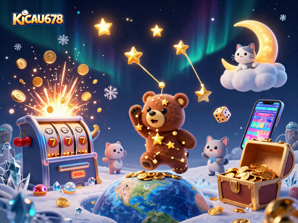 KICAU678 3D casino illustration showcasing a constellation bear and vibrant slot elements for gamers