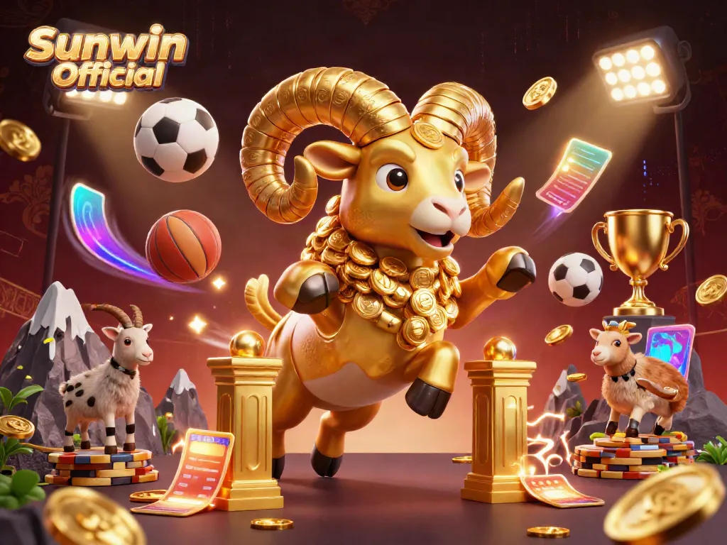 Capture the excitement at Sunwin Official, featuring a gold ram charging through a golden gate, surrounded by dynamic sports elements.