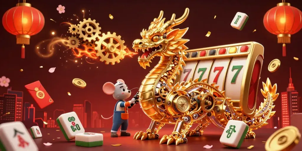 Experience thrilling gameplay with Onbet featuring a golden dragon with clockwork internals amid glowing slot reels and vibrant casino elements.