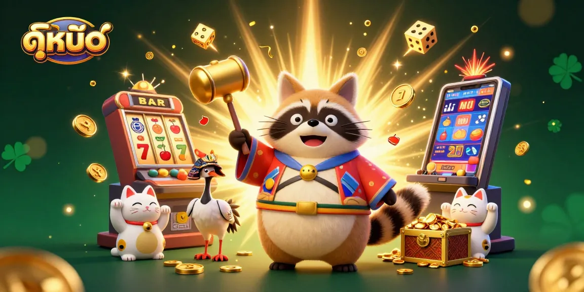 Experience ดูหนังออนไลน์ with excitement as a cheerful tanuki and fortune cats celebrate wins among casino games.