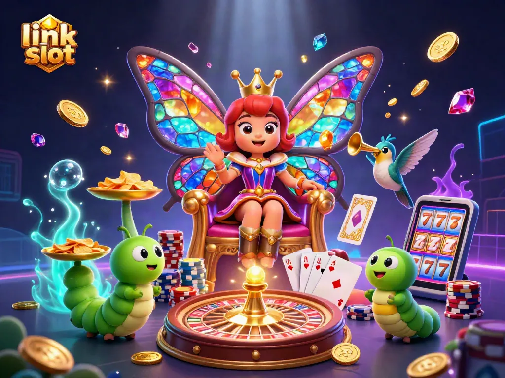 Mengguncang link slot dengan ratu kupu-kupu dan berbagai elemen kasino yang menyala memancarkan kemenangan.