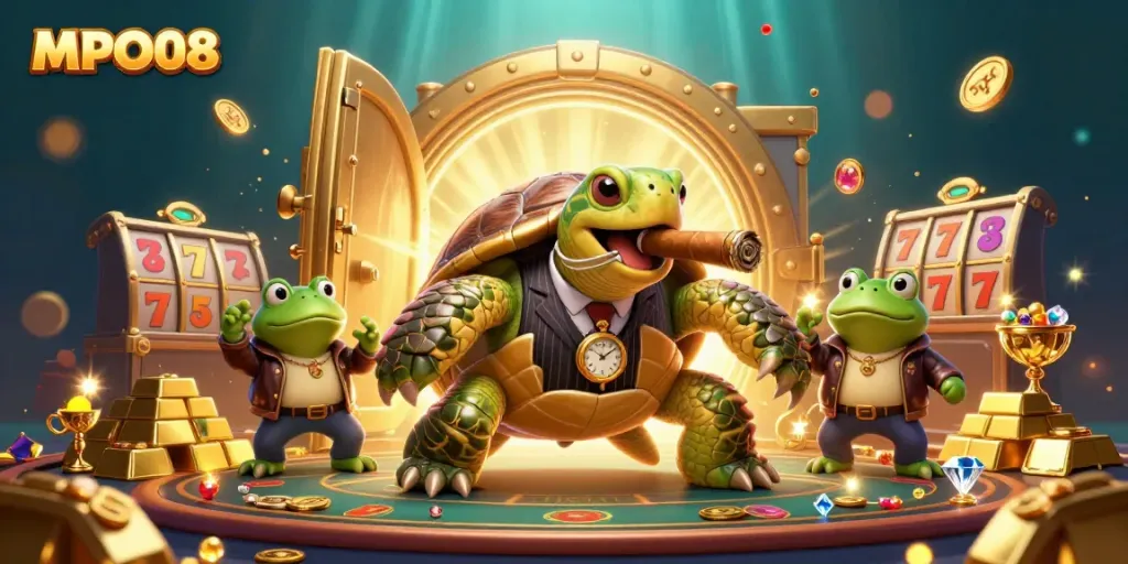 MPO08 delivers thrilling jackpot strategies in this engaging casino scene featuring a charming turtle and bullfrogs.