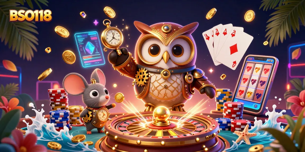 Engage in thrilling gaming adventures with BSO118 in this vibrant 3D casino scene.