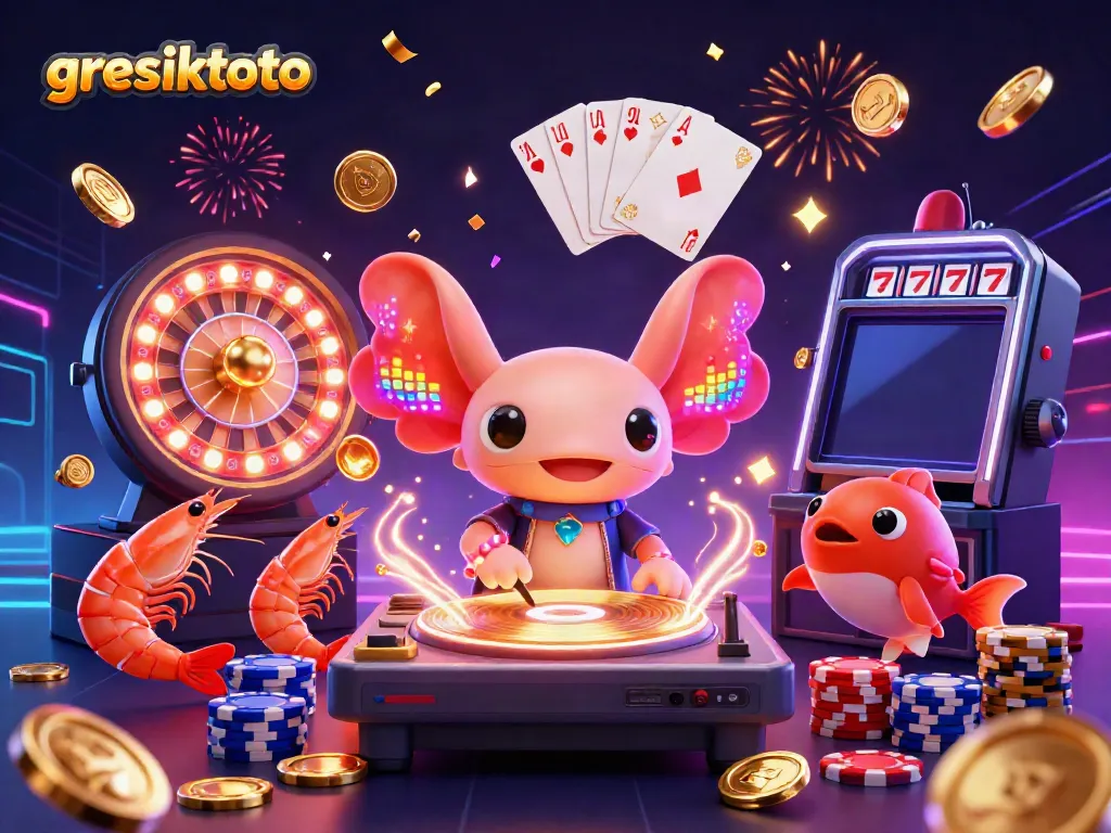 Experience the vibrant energy of gresiktoto's online gaming scene with lively characters and casino elements.