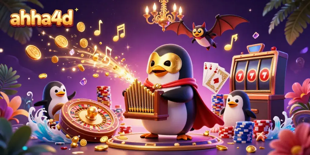 Ilustrasi kasino yang menampilkan penguin opera yang memainkan organ, menggambarkan ahha4d dengan koin emas yang jatuh.