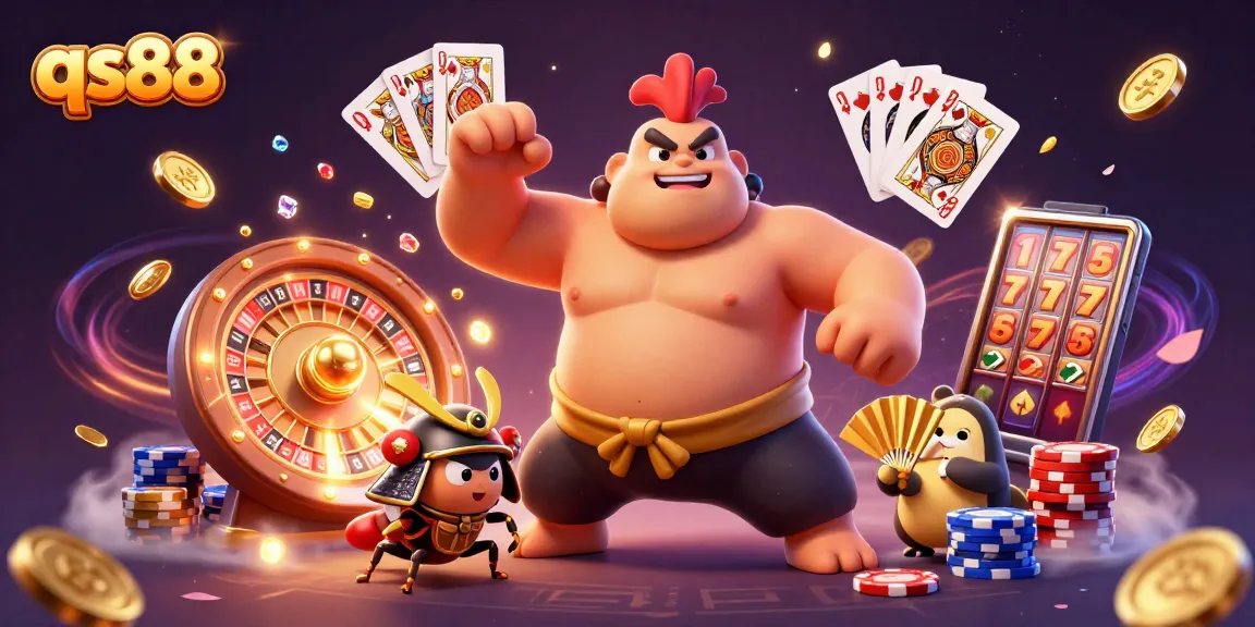 Experience winning vibes at qs88 with an exciting casino scene featuring a powerful sumo rooster and sparking elements.