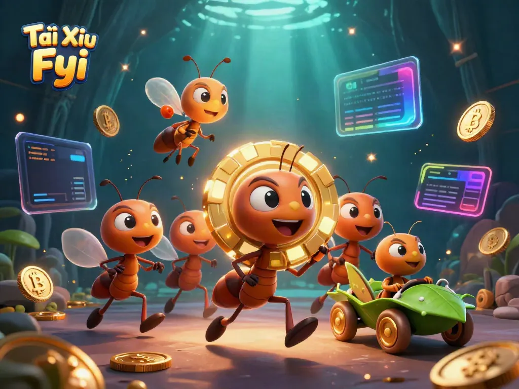 Engage with Tài Xỉu Fyi as ants execute a heist with a giant poker chip amidst vibrant crypto elements.