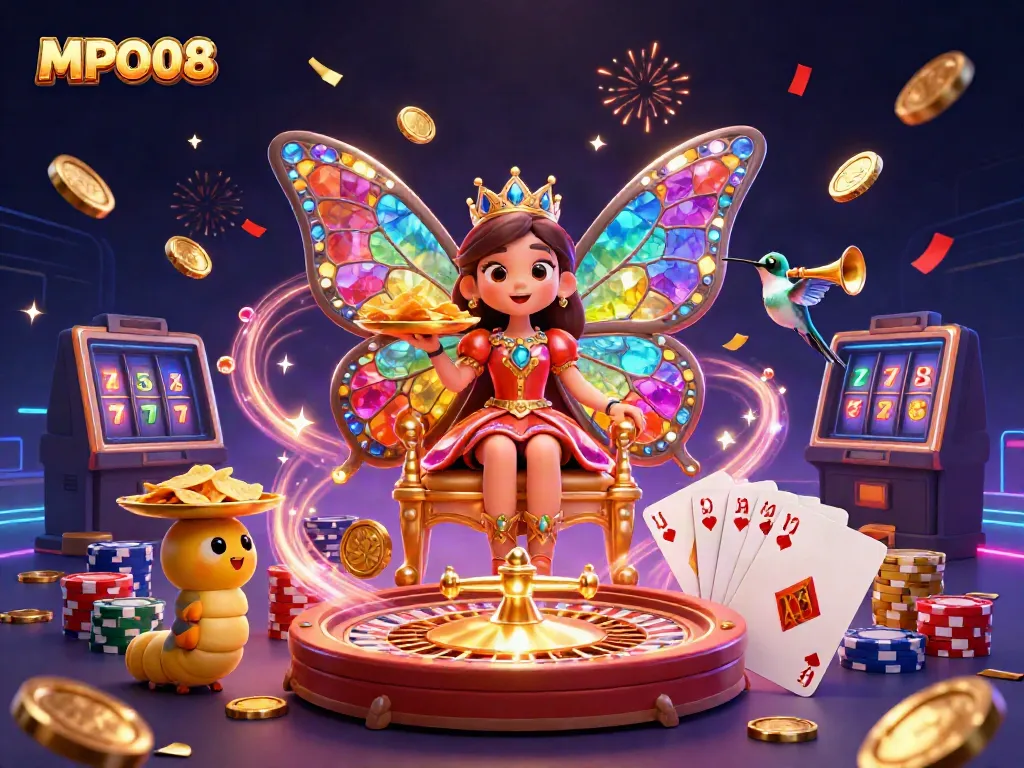 Engage with MPO08's captivating casino experience featuring a butterfly queen amidst vibrant gaming elements.