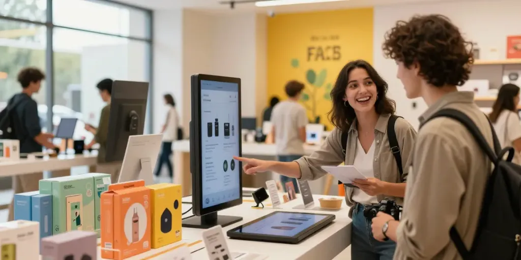 Engaging shopper exploring various Produk in a modern retail environment