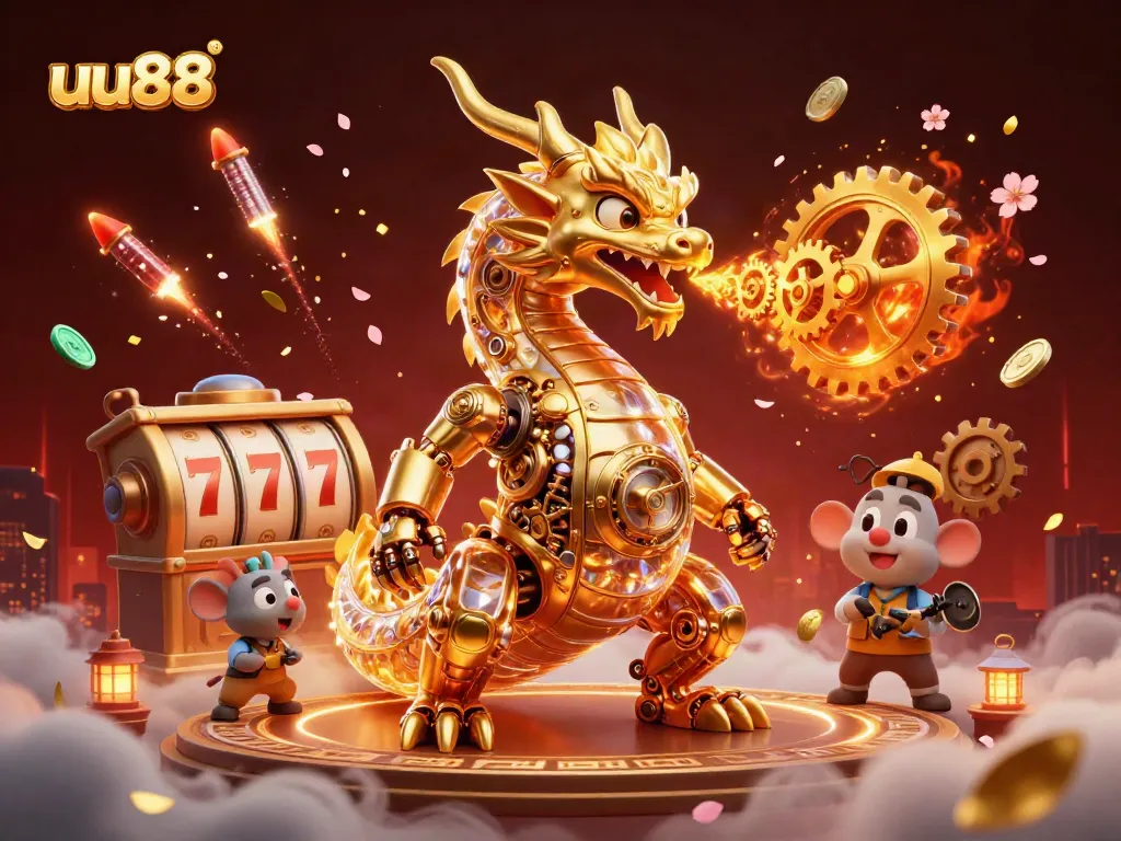 Experience uu88's thrilling slots action with a dynamic 3D illustration of a golden dragon and vibrant casino elements.