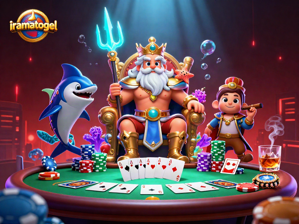 Gambarkan momen seru di iramatogel dengan raja laut yang memerintahkan meja poker yang ramai dan tumpukan chip berwarna.
