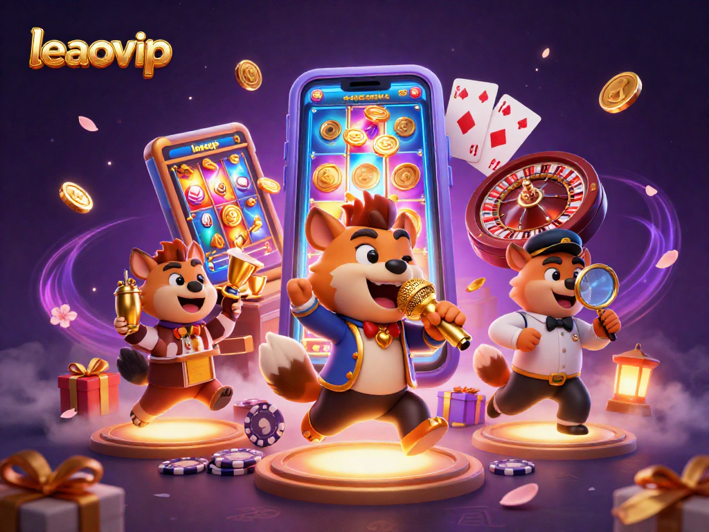 Bermain di platform leaovip dengan hyena lucu di kasino, menampilkan permainan slot dan koin yang berjatuhan.