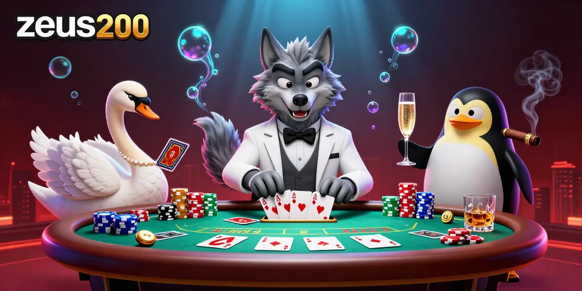Gimkan zeus200 di meja baccarat dengan karakter kartun berwarna-warni dan elemen kasino menarik.