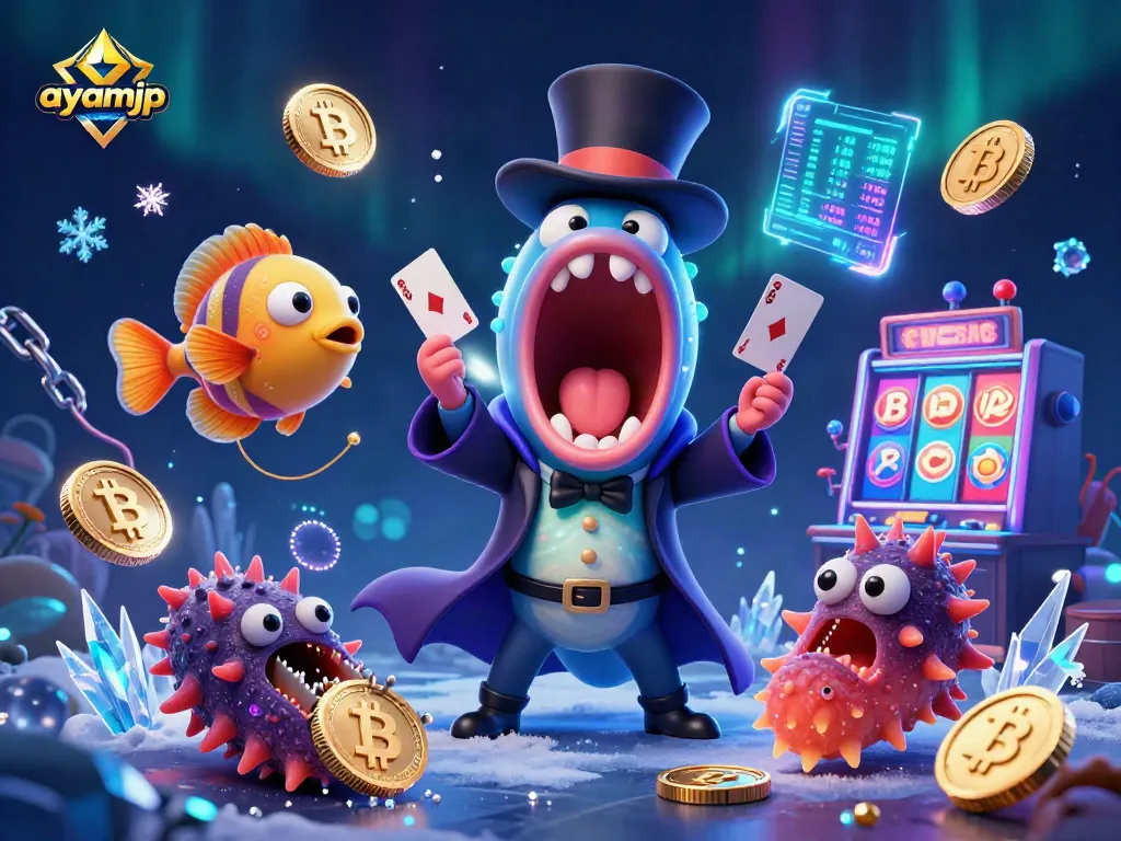 Try your luck with AYAMJP's magical card tricks alongside glowing casino symbols.