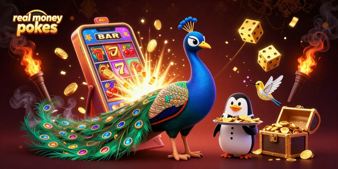 Experience real money pokies through vibrant, dynamic casino scene featuring 3D peacock with golden elements.